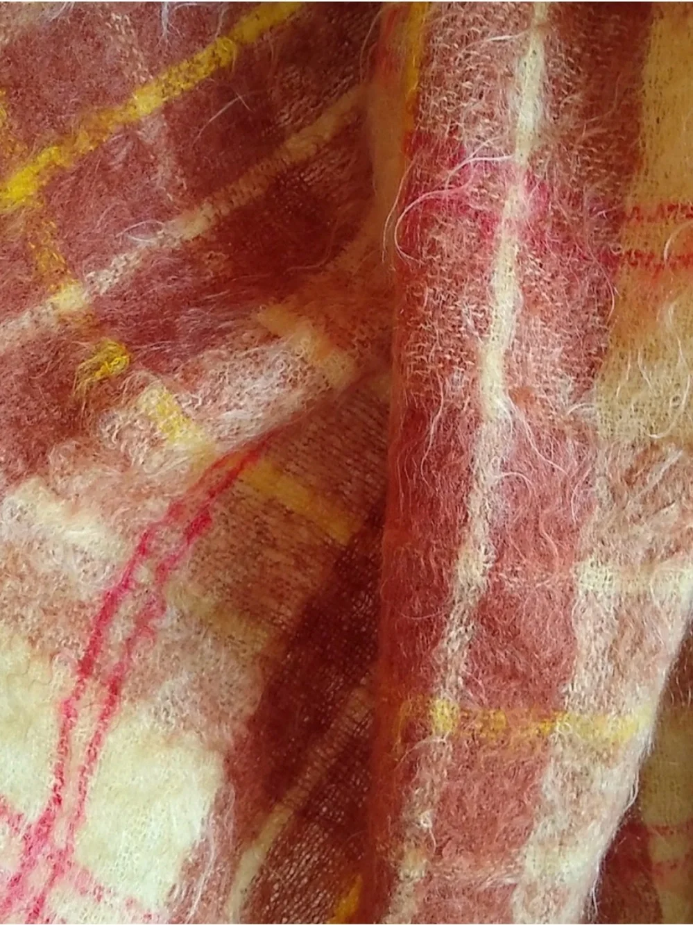 Vintage Mohair Plaid Hand-loomed in Scotland<Rust, Mustard & Cream Throw Blanket